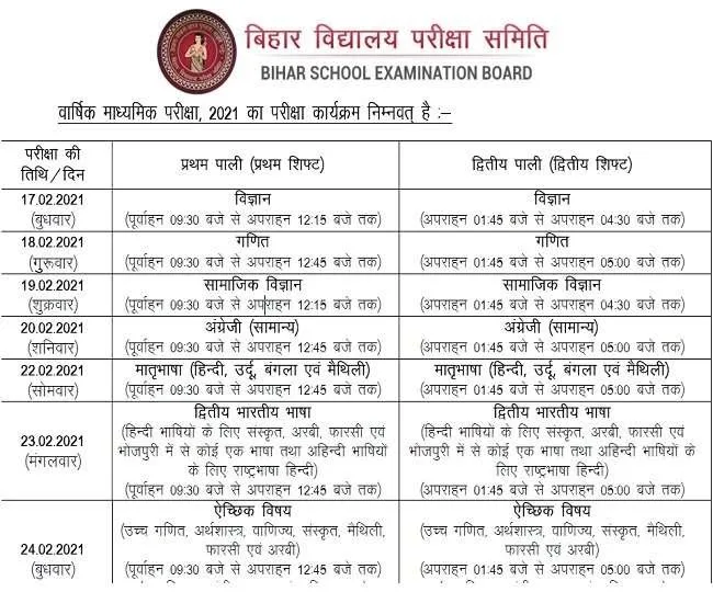 Bihar Board exam routine 2021