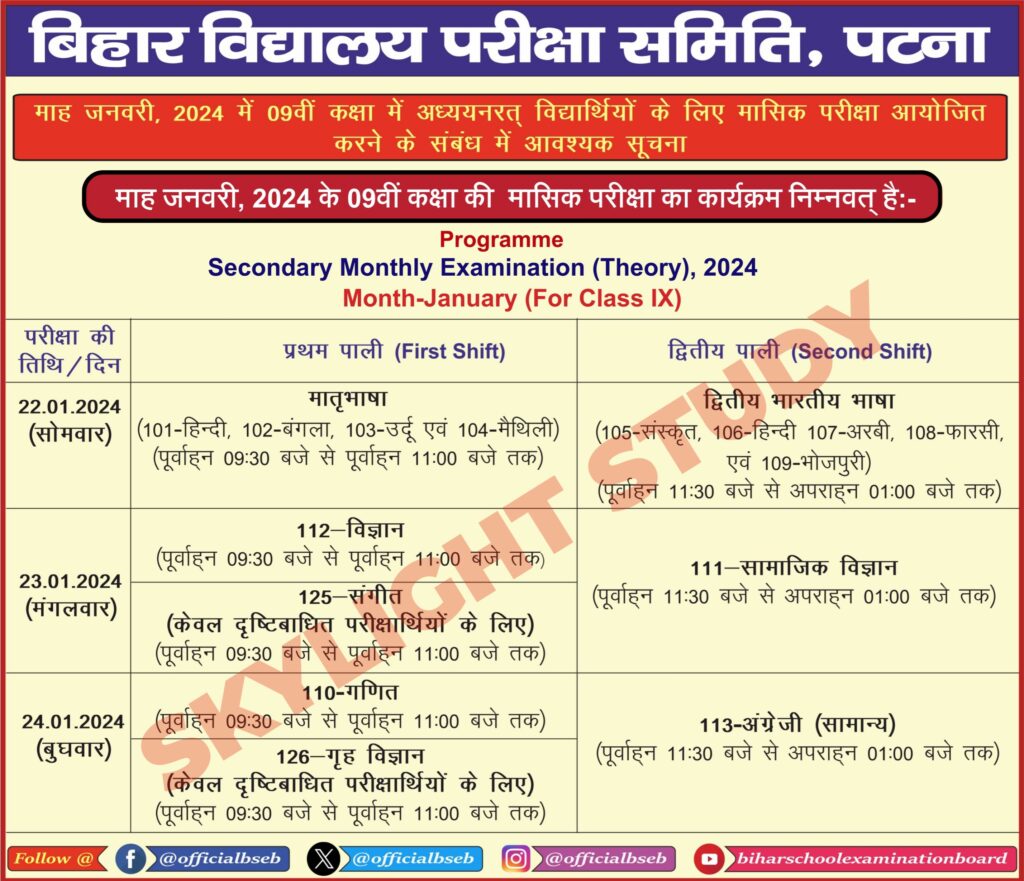 bihar board class 9th january monthly exam routine download 2024